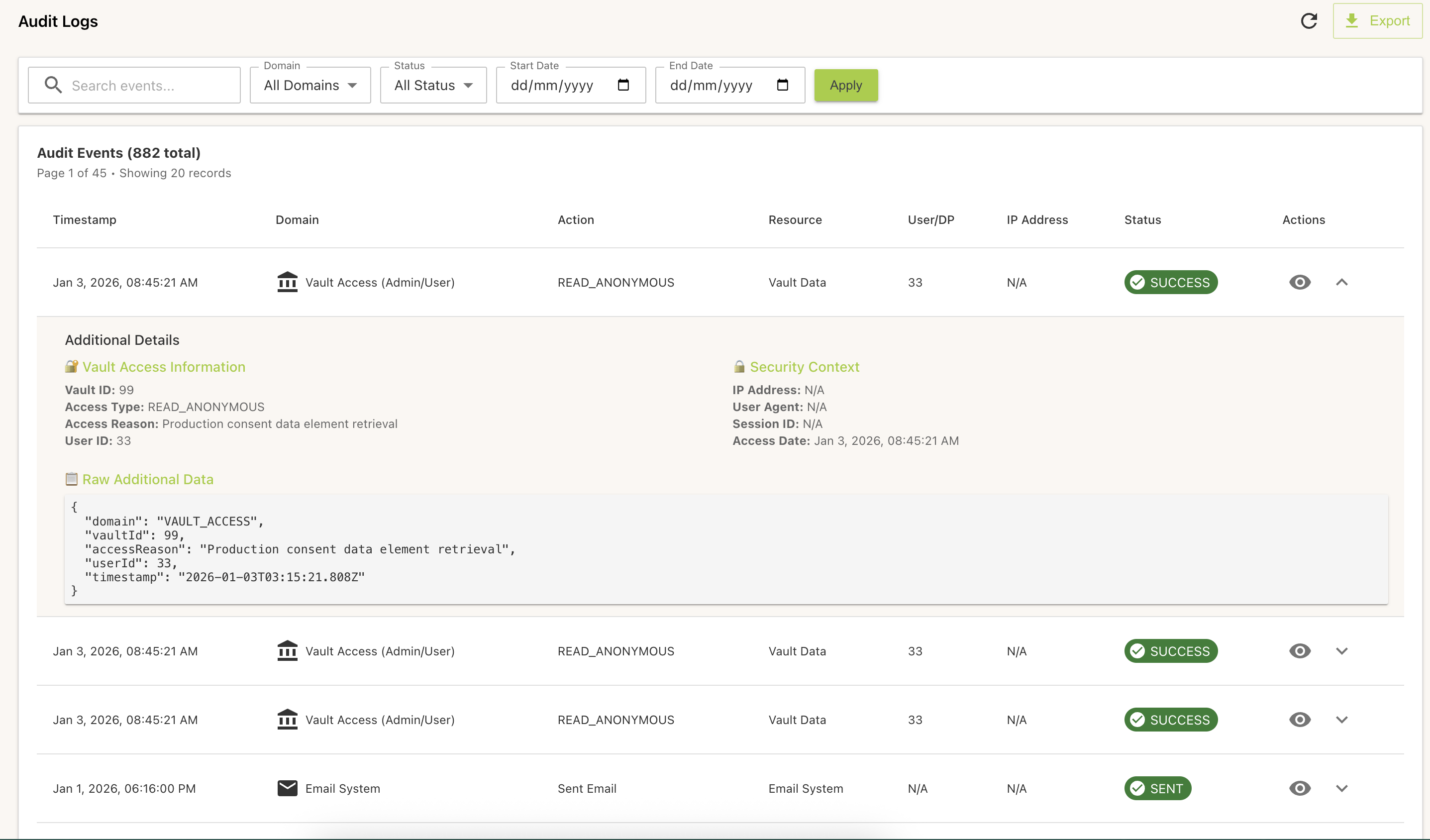 Kavach Audit Logs showing comprehensive, searchable compliance documentation and activity logs for regulatory reporting