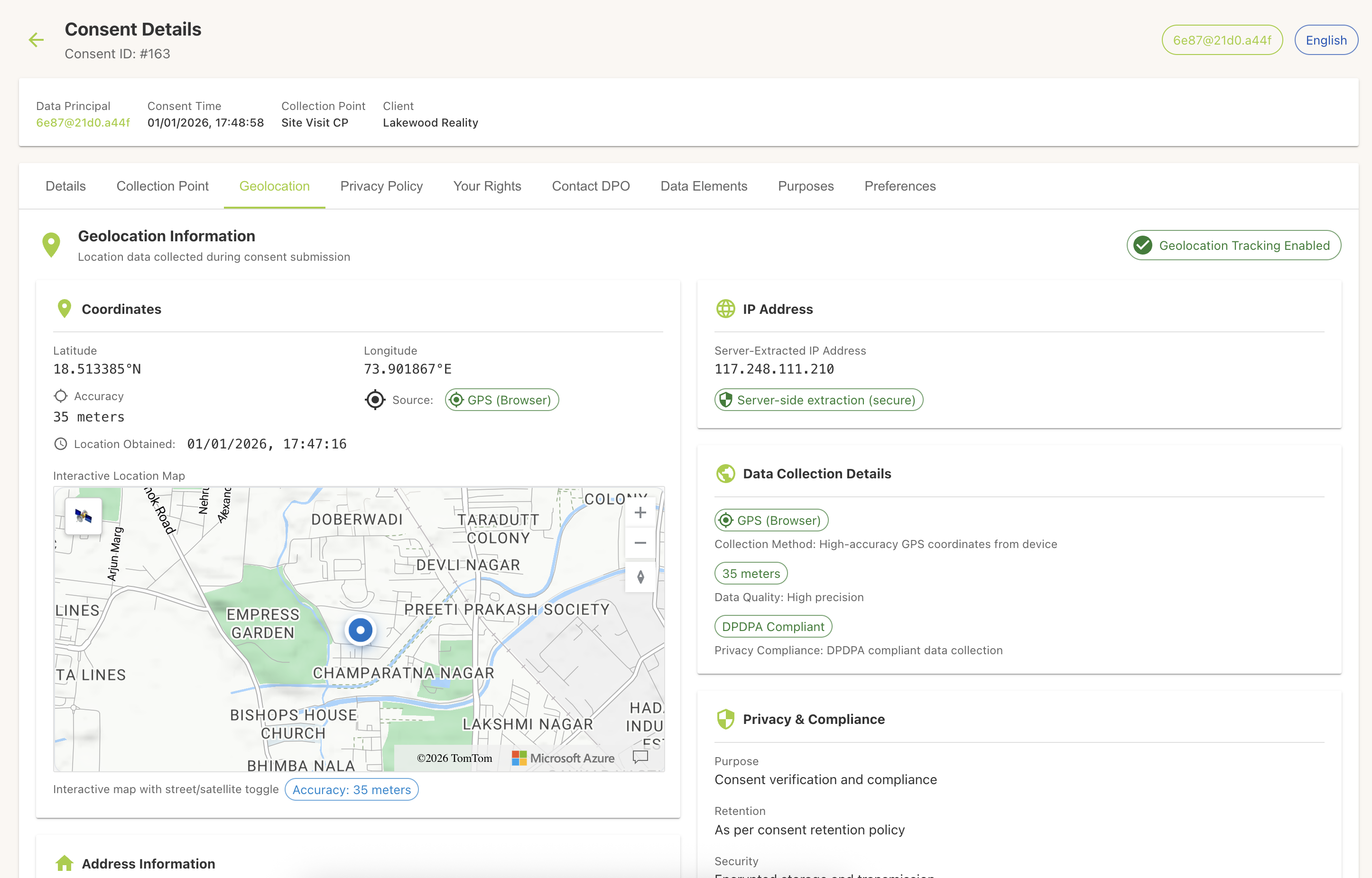 Kavach Consent Management interface showing configurable collection points, granular consent preferences, and automated consent lifecycle management